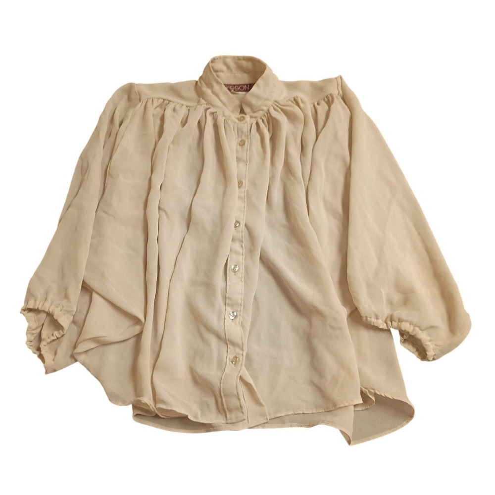 Sasson Button Down Blouse Womens 6/7 Cream Vintage‎ Sheer Puff Sleeve Romantic